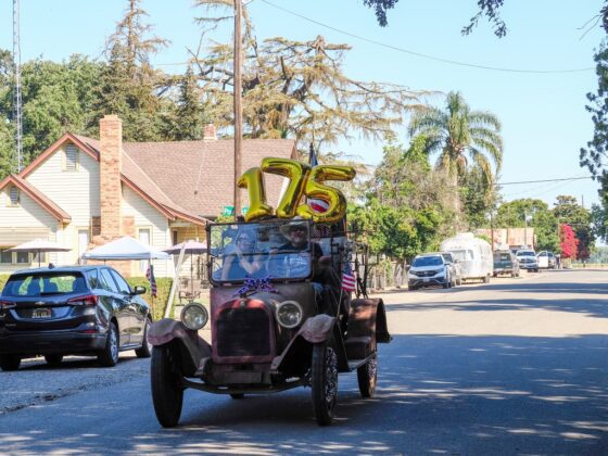 A vintage truck decorated with a "175" display leads the way during the Grimes 175th Anniversary and Fourth of July parade on July 4. Photo by Chris Pedigo.