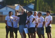 Jackets Host 7 v 7 Outing Yellowjacket coach Forrest Bateman outlines a play for his team during a 7 v 7 competition on July 1.