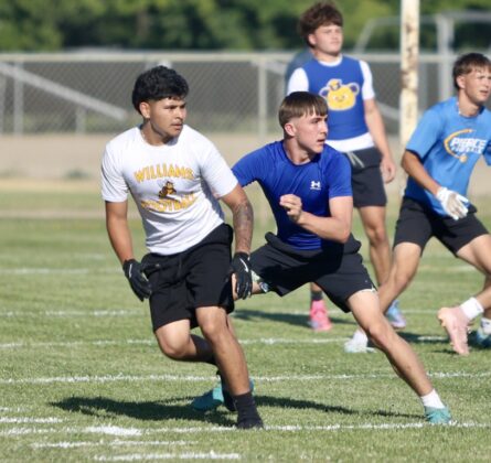 The &lsquo;Jackets&rsquo; Jorge Garcia runs a route while the Bears&rsquo; Ben Sweet defends during the 7 v 7 held in Williams on July 1.