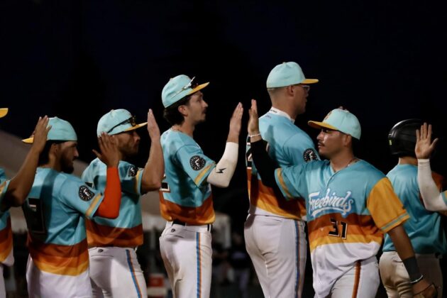 The Yuba-Sutter Freebirds celebrate a 17-12 victory over Long Beach on July 3. Photo by Steven Bryla.