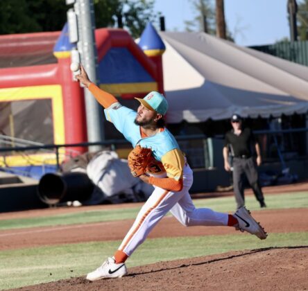 Yuba-Sutter pitcher Chase Martinez (13) tosses a pitch on Friday, July 3 in the victory against Long Beach. Photo by Steven Bryla.